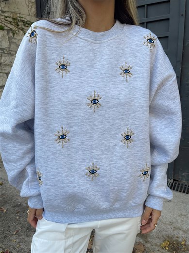 Gri Nazar Boncuklu Sweathsirt