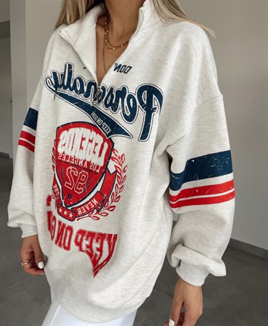 Gri Önü Fermuarlı Baskılı Sweat