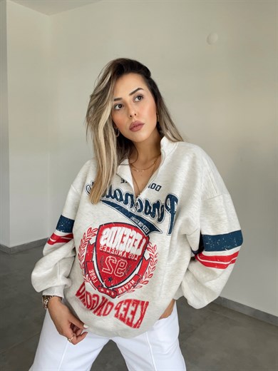 Gri Önü Fermuarlı Baskılı Sweat