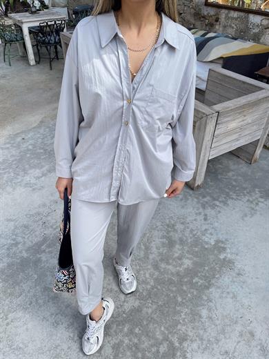 Gri Paçası Pileli Beli Lastikli Pantolon