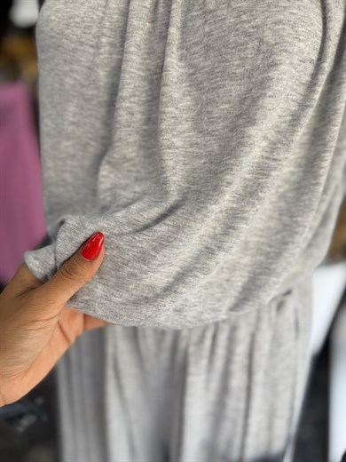 Gri Ribana Crop Şalvar Takım
