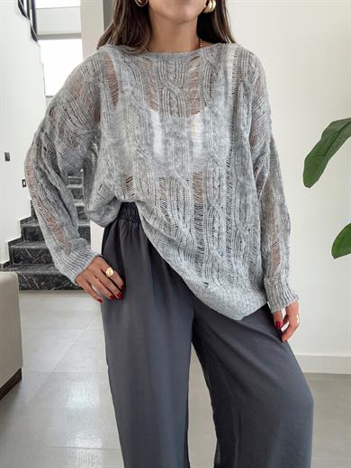 Gri Saç Örgülü Ajurlu Kazak