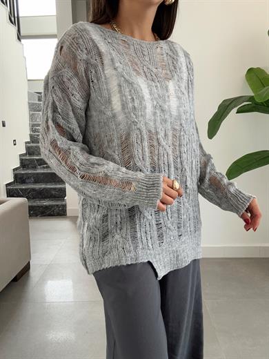 Gri Saç Örgülü Ajurlu Kazak