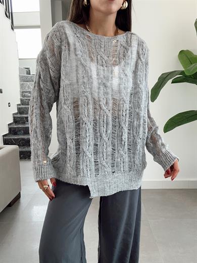 Gri Saç Örgülü Ajurlu Kazak