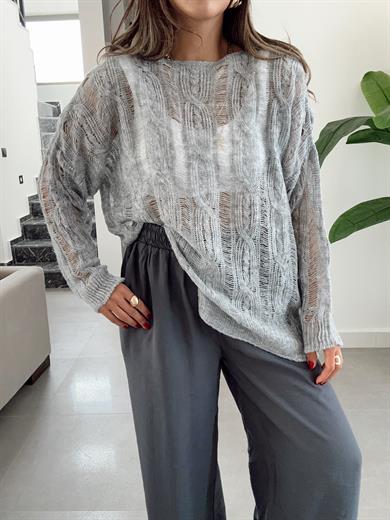 Gri Saç Örgülü Ajurlu Kazak