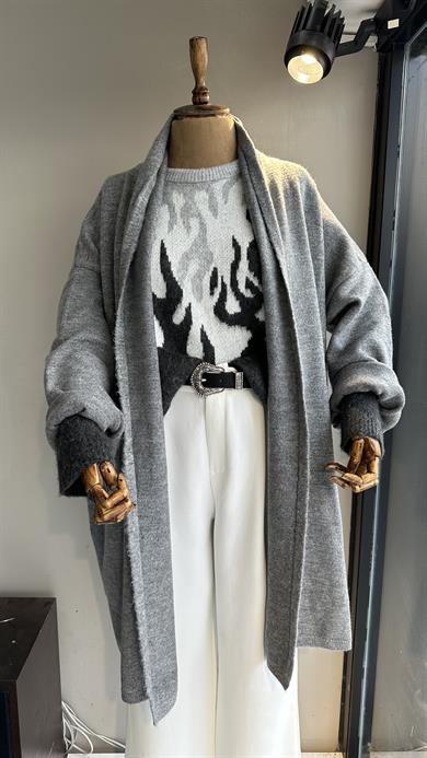 Gri Şal Yaka Cepli Hırka