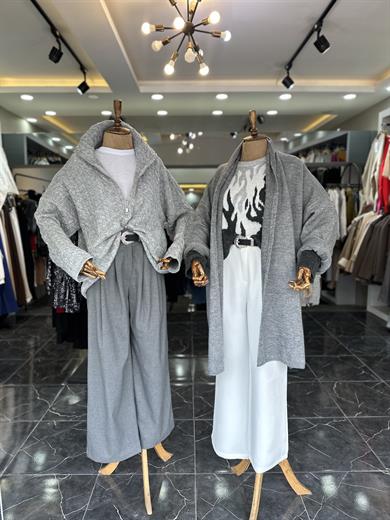 Gri Şal Yaka Cepli Hırka