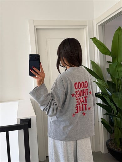 Gri Sırt Baskılı Uzun Kollu Basic Tshirt