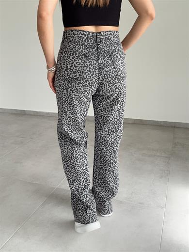 Gri -Siyah Leopar Desenli Palazzo Pantolon