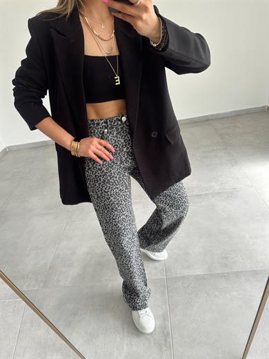 Gri -Siyah Leopar Desenli Palazzo Pantolon