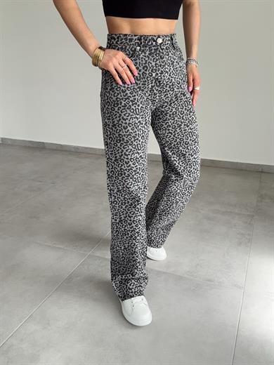 Gri -Siyah Leopar Desenli Palazzo Pantolon