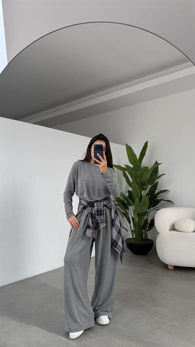 Gri Sonsuz Kumaş Geniş Kemerli Pileli Eşofman Altı