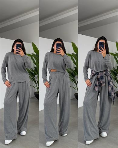 Gri Sonsuz Kumaş Geniş Kemerli Pileli Eşofman Altı