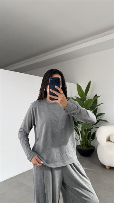 Gri Sonsuz Kumaş Uzun Kollu Bluz