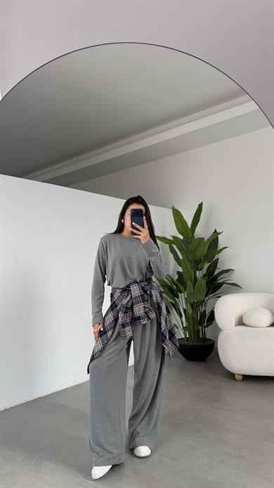 Gri Sonsuz Kumaş Uzun Kollu Bluz