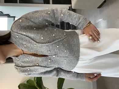 Gri Suni İncili Triko Bomber Ceket