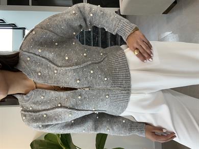 Gri Suni İncili Triko Bomber Ceket