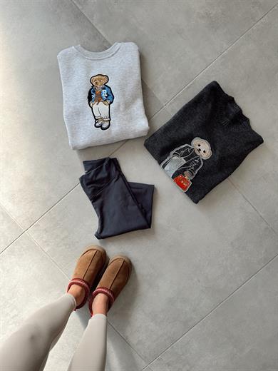 Gri Tedy Nakışlı Triko Kazak