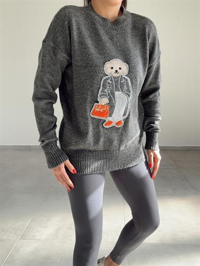 Gri Tedy Nakışlı Triko Kazak