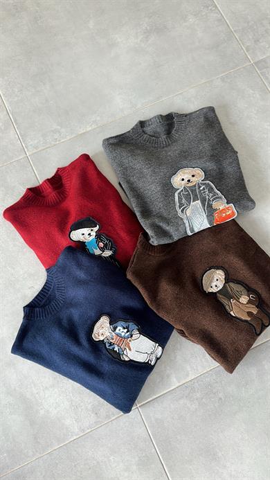 Gri Tedy Nakışlı Triko Kazak