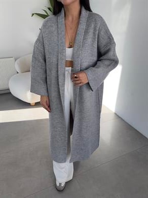 Gri Uzun Salaş Maxi Triko Hırka