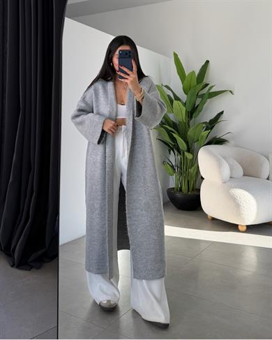 Gri Uzun Salaş Maxi Triko Hırka