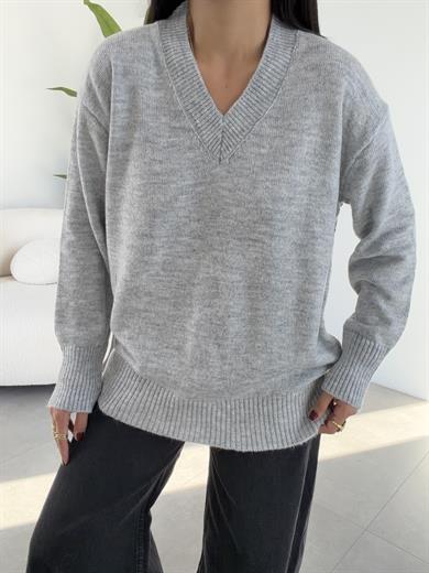 Marla Gri V Yaka Oversize Triko Kazak