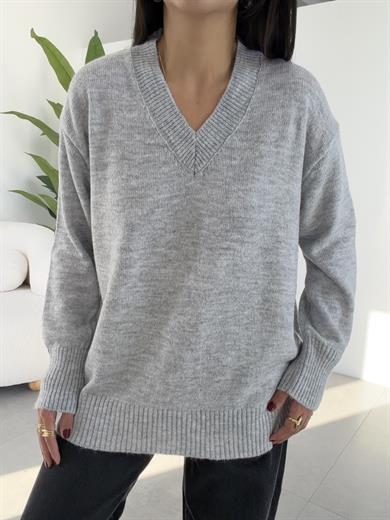 Marla Gri V Yaka Oversize Triko Kazak