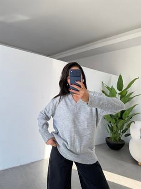 Marla Gri V Yaka Oversize Triko Kazak