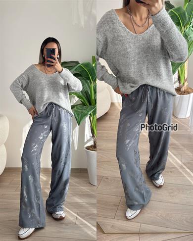 Gri V Yaka Uzun Kollu Kazak