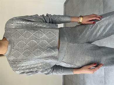 Oli Gri Varak Baskılı Triko Kazak