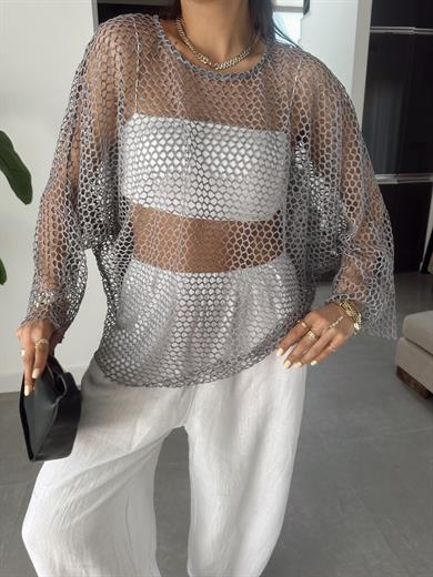 Gri Yarasa Kol File Bluz