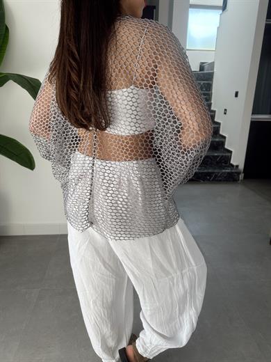 Gri Yarasa Kol File Bluz