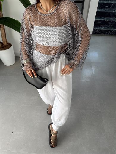 Gri Yarasa Kol File Bluz