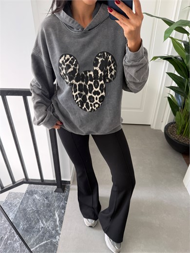 Gri Yıkamalı Kumaş Baskılı Sweatshirt
