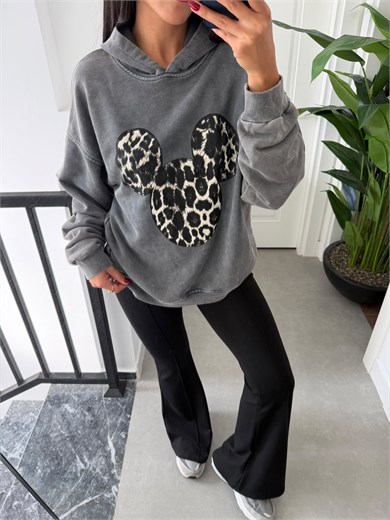 Gri Yıkamalı Kumaş Baskılı Sweatshirt