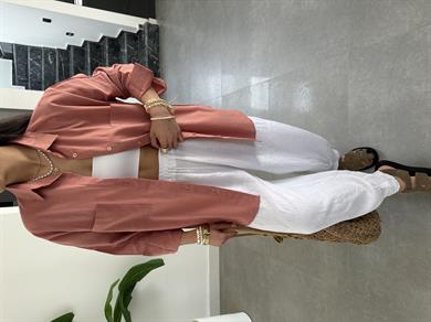 Gül Kurusu Flamlı Keten Çift Cep Oversize Gömlek