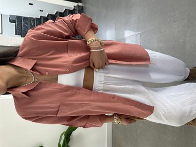 Gül Kurusu Flamlı Keten Çift Cep Oversize Gömlek