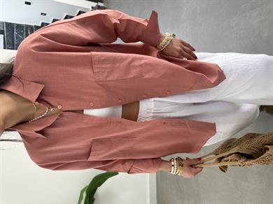 Gül Kurusu Flamlı Keten Çift Cep Oversize Gömlek