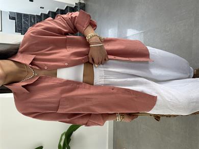 Gül Kurusu Flamlı Keten Çift Cep Oversize Gömlek