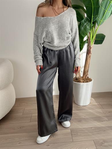 Gümüş Beli Lastikli Saten Pantolon