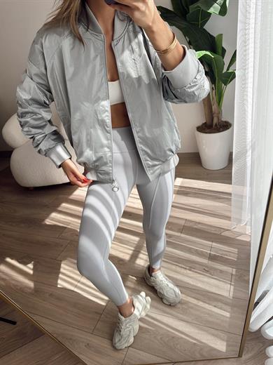 Gümüş Büzgülü Parlak Bomber Ceket