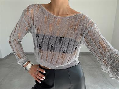 Gümüş Metalik Triko Bluz