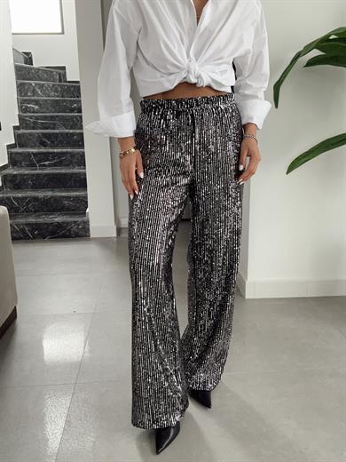 Gümüş Pullu Bol Paça Pantolon