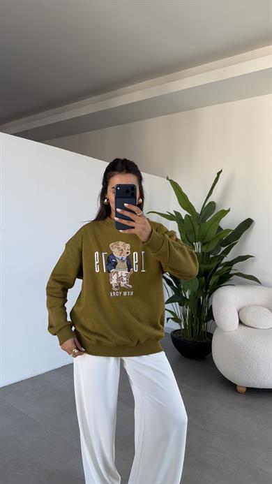 Haki Ayıcık Desenli Sweatshirt