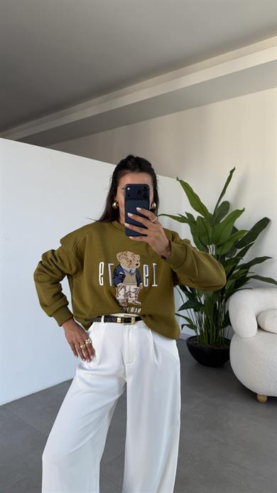 Haki Ayıcık Desenli Sweatshirt
