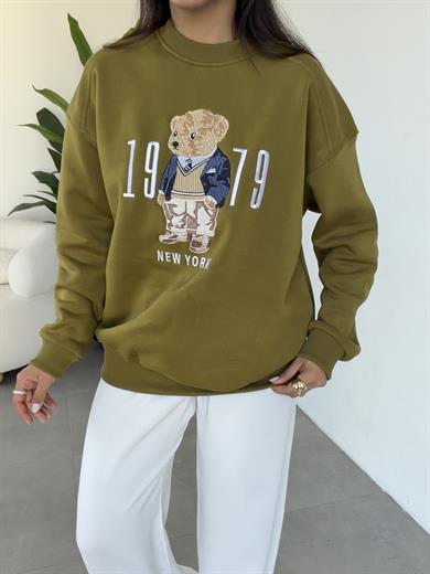 Haki Ayıcık Desenli Sweatshirt