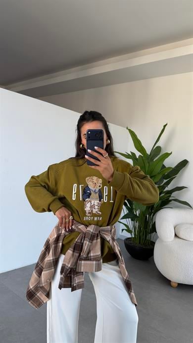 Haki Ayıcık Desenli Sweatshirt