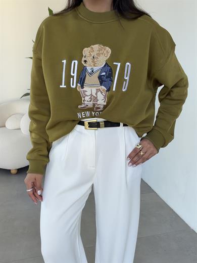 Haki Ayıcık Desenli Sweatshirt