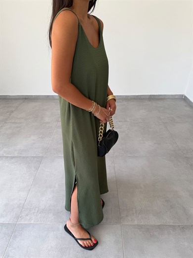 Haki Ayrobin Maxi Boy Tela Askılı Elbise